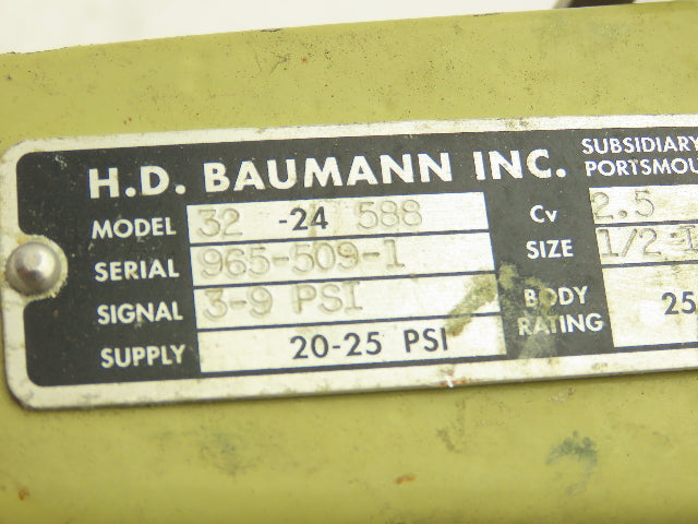 H.D. Baumann 32-24 588 Pneumatic Diaphragm Bronze Control Valve 1/2" Threaded