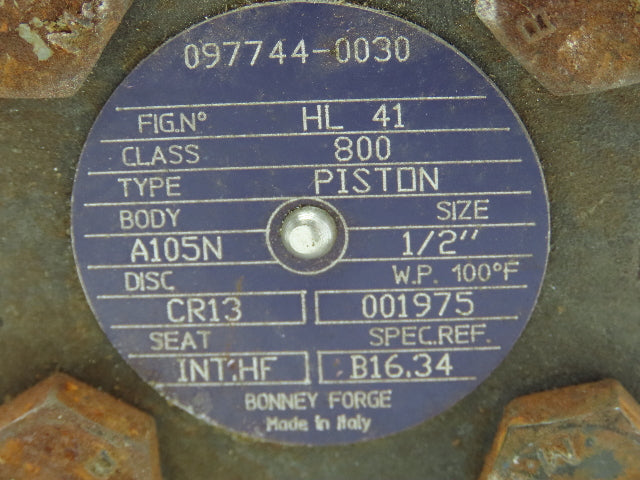 Bonney Forge 097744-0030 Steel Valve 1/2" A105N CR13 Seat INT.HF 1/2 Npt