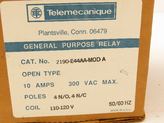 Telemecanique 2190-E44AA-MODA General Purpose Relay 4 NO 4 NC 120V Coil