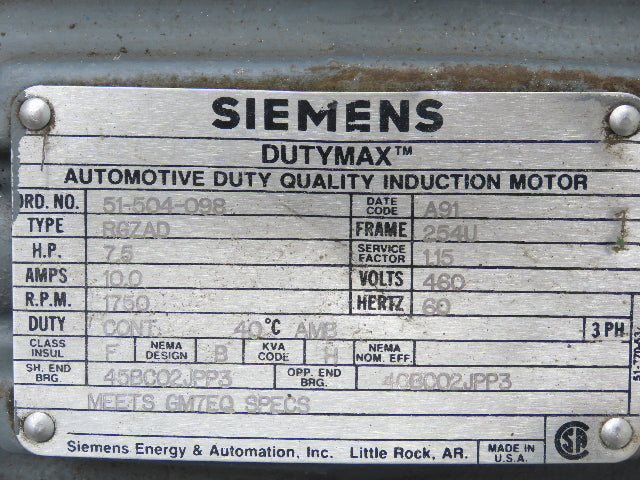 Siemens RGZAD Dutymax Electric Induction Motor 7.5HP 1750 RPM 3PH 460V 254U