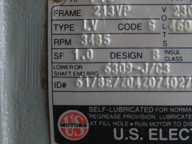 US Motors 6309-J/C3 Electrical Motor 7.5HP 3485 RPM 230V 3PH 213VP