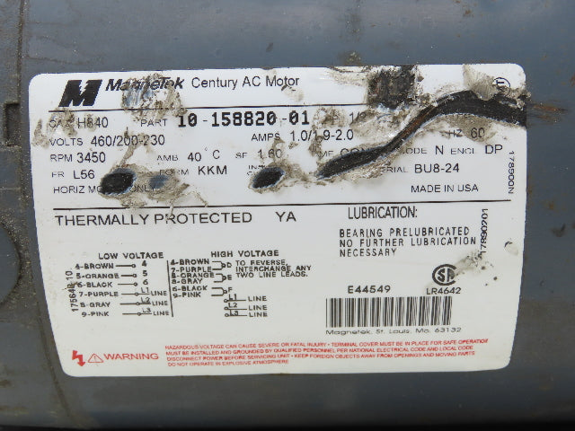 Magnetek Century H840 Electric Motor 1/2HP 3450 RPM 3PH 230/460V L56