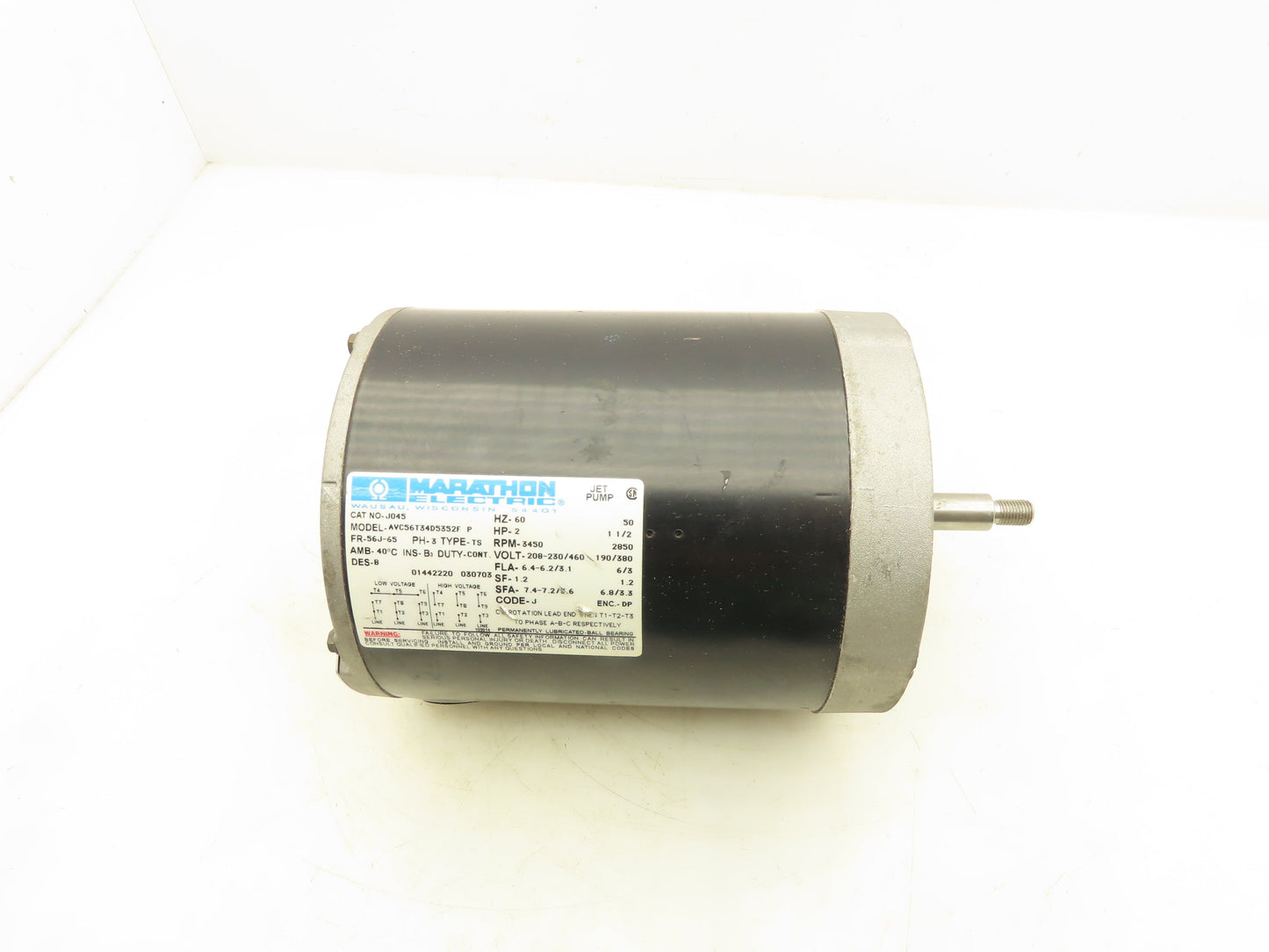Marathon NO-J045 Electric Jet Pump Motor 2HP 3450 RPM 3PH 230/460V 56J-65
