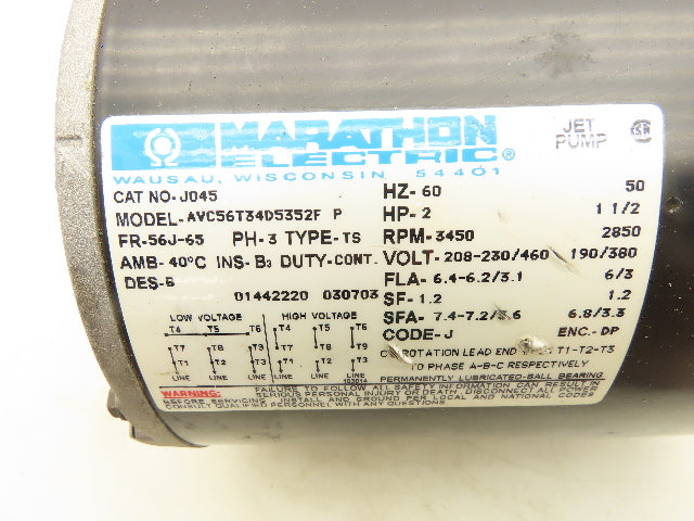 Marathon NO-J045 Electric Jet Pump Motor 2HP 3450 RPM 3PH 230/460V 56J-65