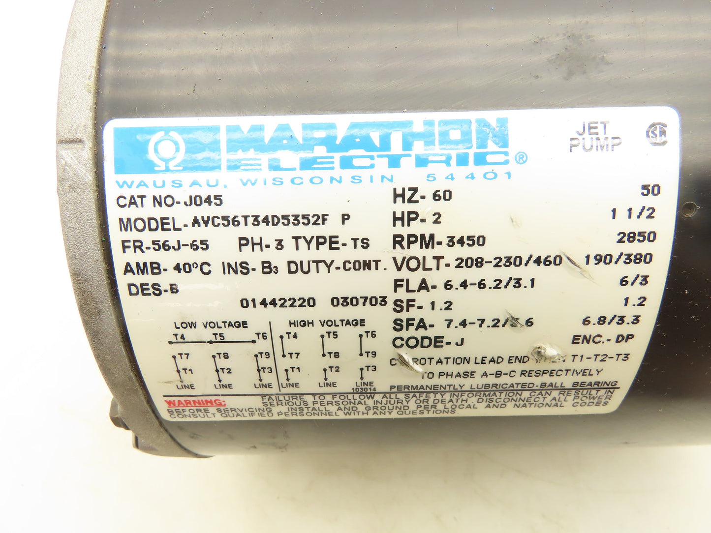 Marathon NO-J045 Electric Jet Pump Motor 2HP 3450 RPM 3PH 230/460V 56J-65