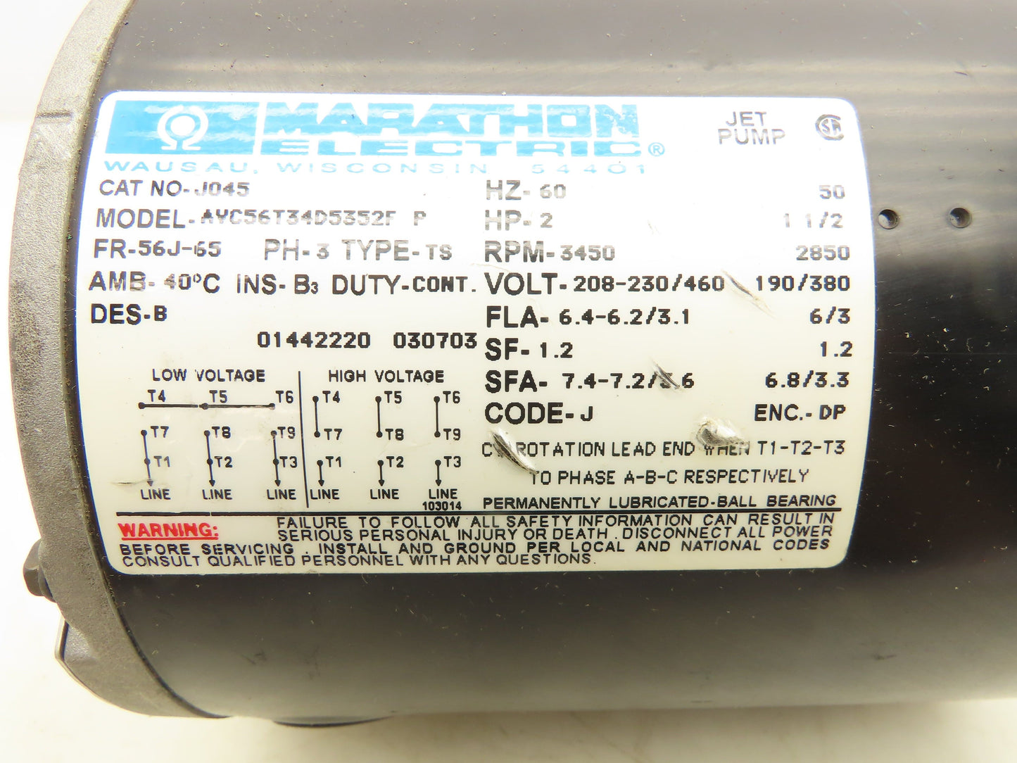 Marathon NO-J045 Electric Jet Pump Motor 2HP 3450 RPM 3PH 230/460V 56J-65