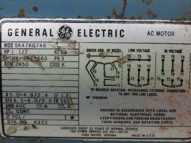General Electric 5K47KG746 Centrifugal Pump Motor 1-1/2HP 230/460V 3450RPM