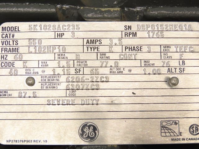 General Electric 5K182SAC235 Vertical Mount Electric Motor 3HP 1765 RPM 3PH 550V