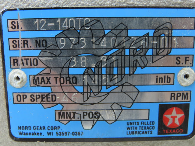 Nord Gear 12-140TC Cast Iron Gearbox 38:1 Reducer 46 RPM 145 IN.LBS. 1" Shaft