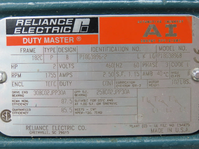 Reliance P18G3896-2 Electric Motor 2HP 1755 RPM 460V 3PH 182C