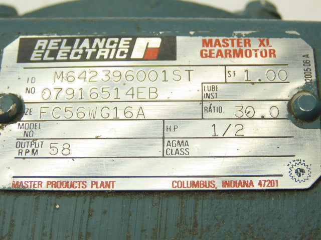 Reliance FC56WG16A Master XL Gearmotor Reducer 30:1 Gearbox .5Hp 58rpm LH 56C