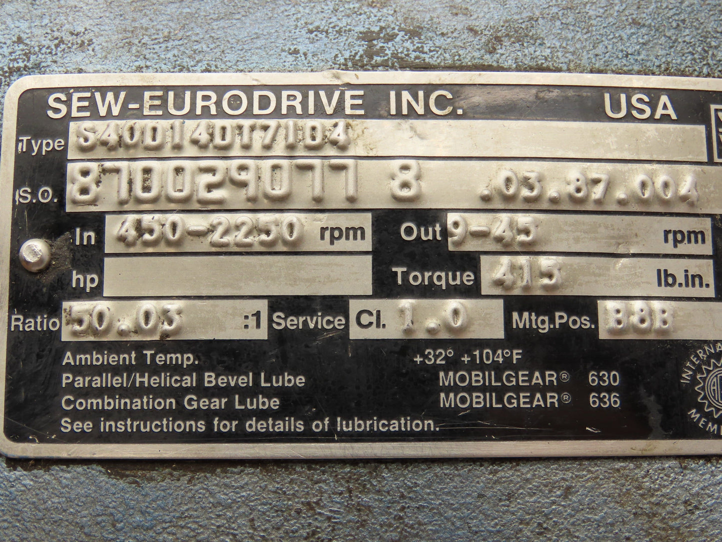 Sew-Eurodrive S40D14DT71D4 Gearmotor Gearbox 50:1 Reducer 9-45rpm RH Output 71D4