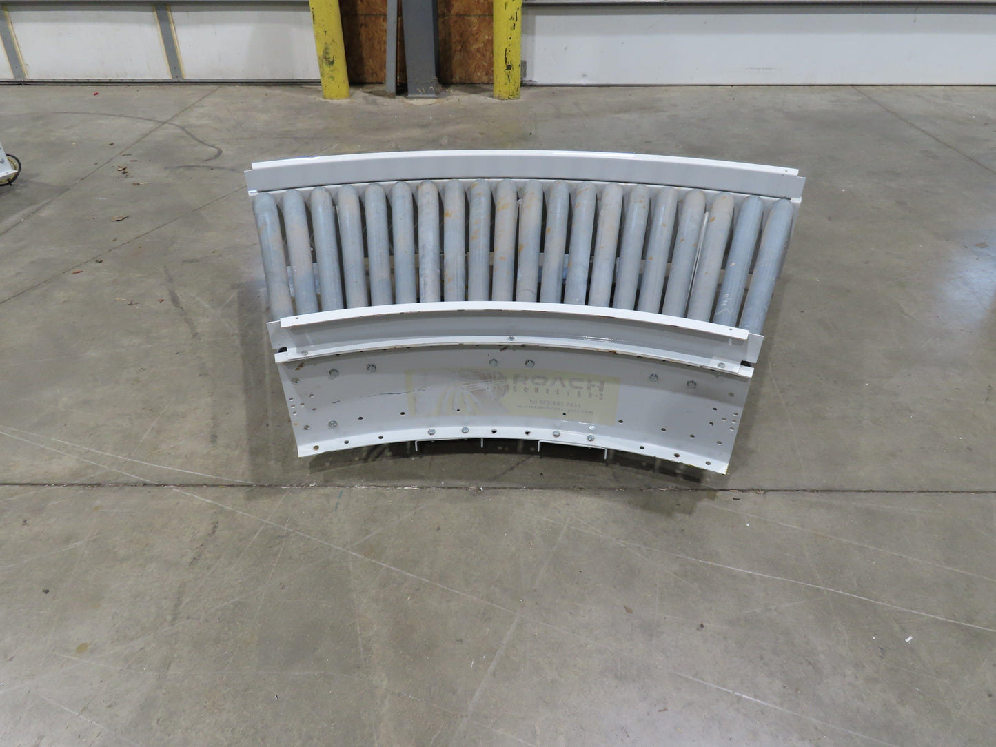 Roach 36"BF x 45° Curve Powered Roller Conveyor 130VDC O-Ring Belt Drive