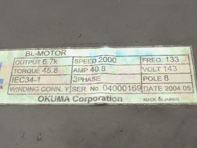 Okuma BL-MP400J-20SNA AC Servo Motor 6.7kW 2000 RPM 143V 3PH
