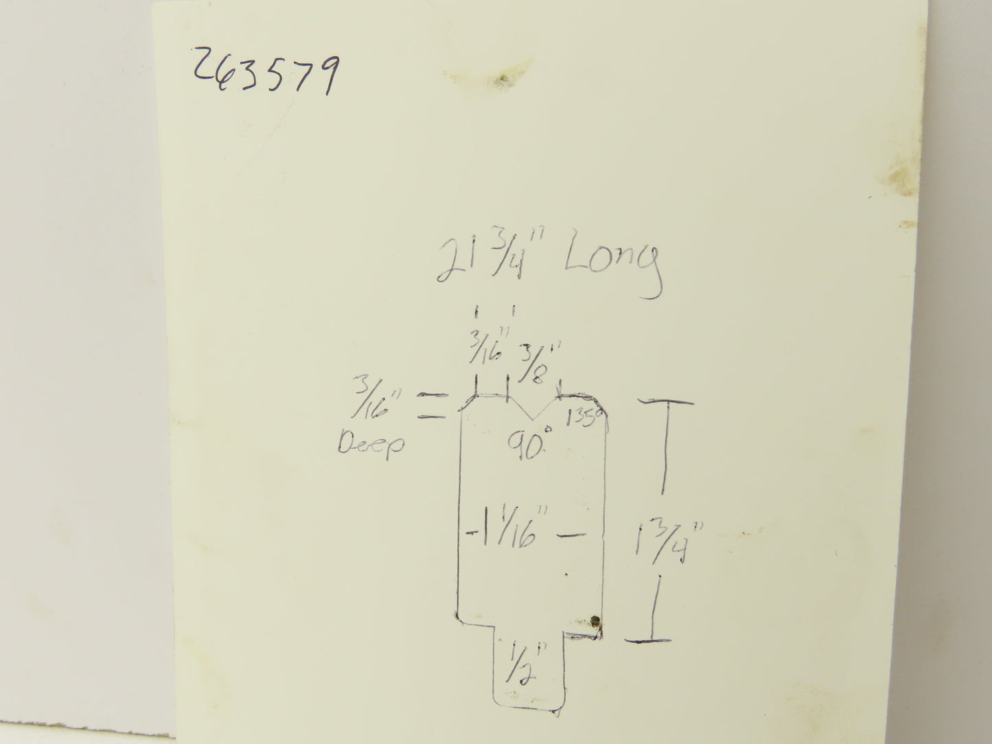 Press Brake Die 21-3/4" Long 90° V 3/8" W 3/16" D 1-3/4" H 1/2" Tang