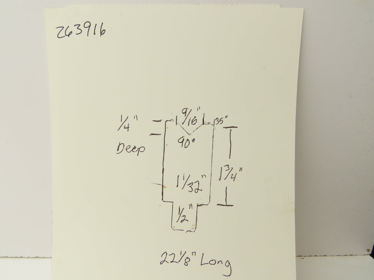 Press Brake Die 22-1/8" Long 90° V 9/16" W 1/4" D 1-3/4" H 1/2" Tang