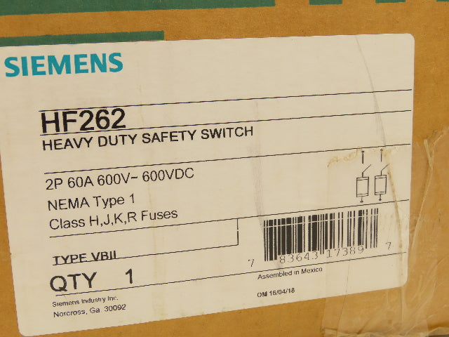 Siemens HF262 Heavy Duty Safety Disconnect Switch 60A 600VAC 1PH 2 Pole Fusible