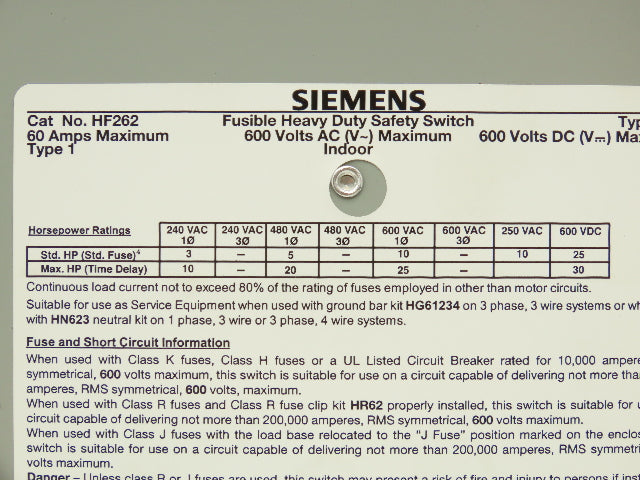 Siemens HF262 Heavy Duty Safety Disconnect Switch 60A 600VAC 1PH 2 Pole Fusible
