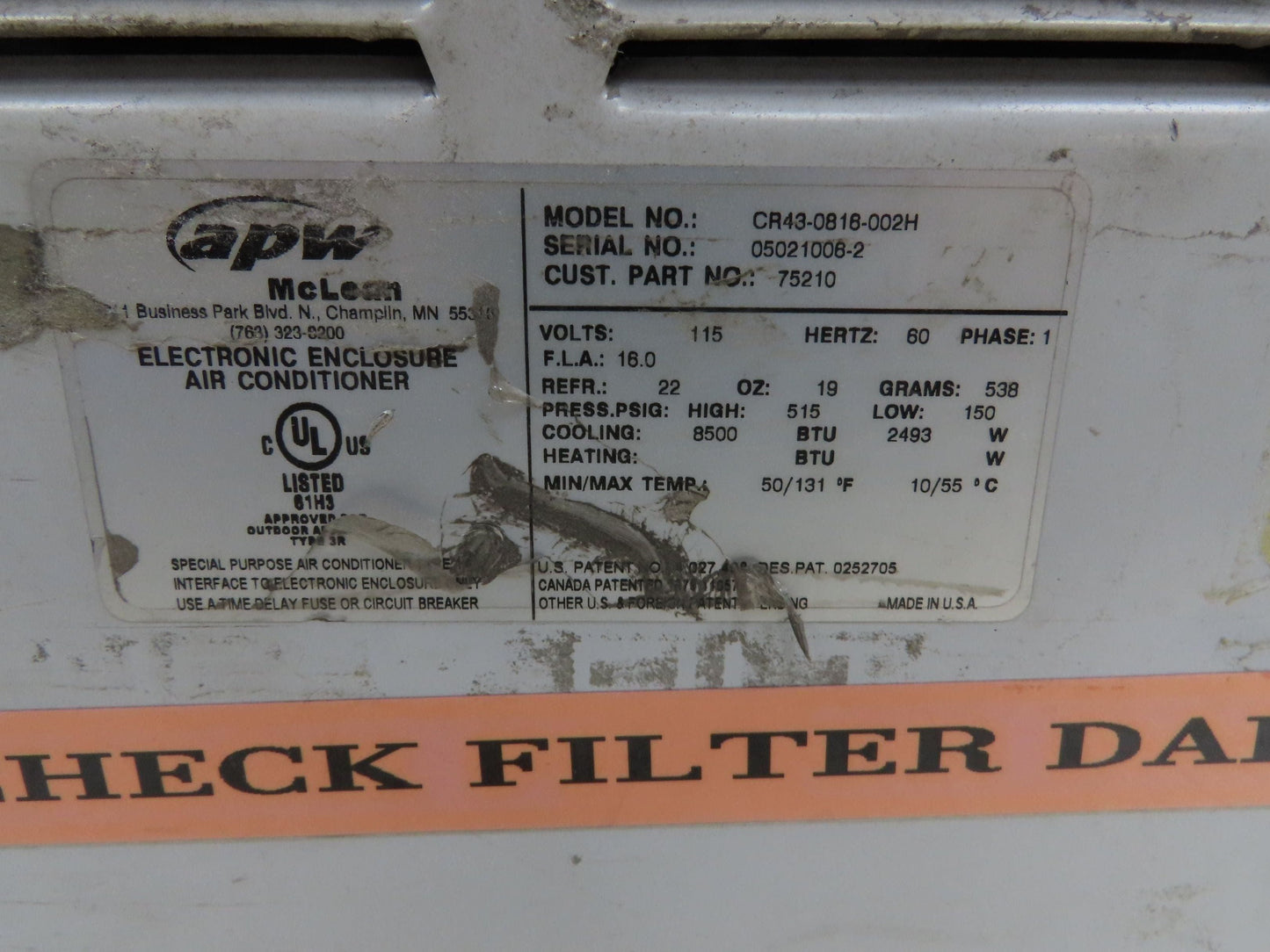 Hoffman CR43-0818-002H Pro Air Industrial Cabinet Air Conditioner 8500BTU 115V