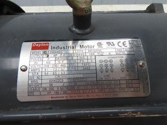 Dayton Electric 2N948G AC Motor 3Hp 3465rpm 208-230/460V 3PH 184 Frame TEFC