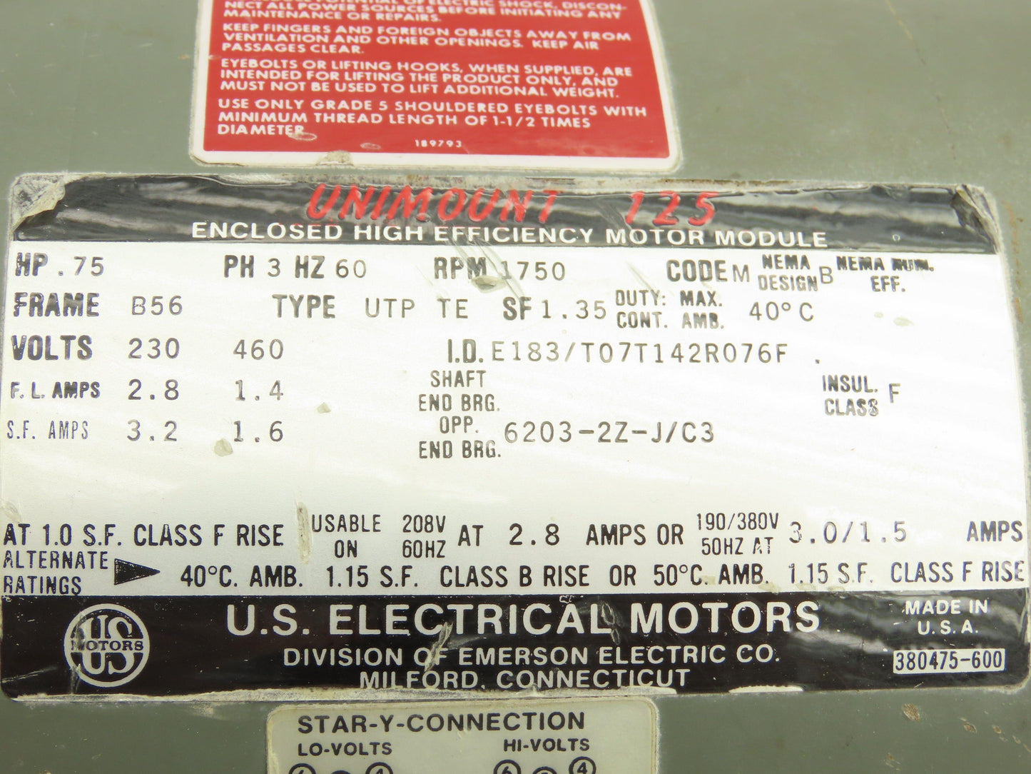 US Motors 6WP Syncrogear Gearmotor 7.5:1 Reducer LH 230rpm 0.75Hp 230/460V 3PH