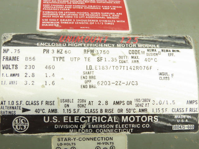US Motors 6WP Syncrogear Gearmotor 7.5:1 Reducer LH 230rpm 0.75Hp 230/460V 3PH