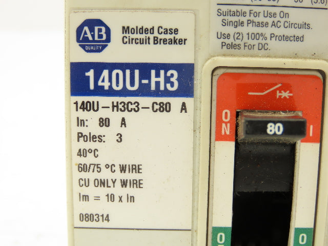 Allen Bradley 140U-H3C3-C80 Circuit Breaker 80A 3 Pole 3Ph 600V Panel Mount