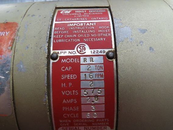 CM Lodestar RR Electric Chain Hoist 2 Ton 16 FPM 27' Lift 575 Volt 3PH