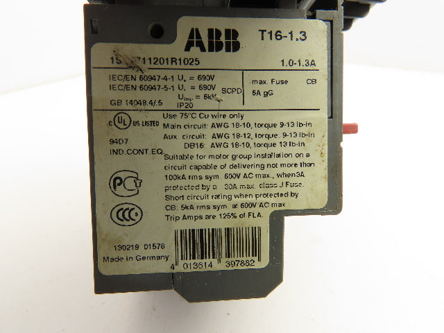 ABB VB7-30-01 Reversing Contactor Thermal Overload Relay T16-1.3 16A 600V