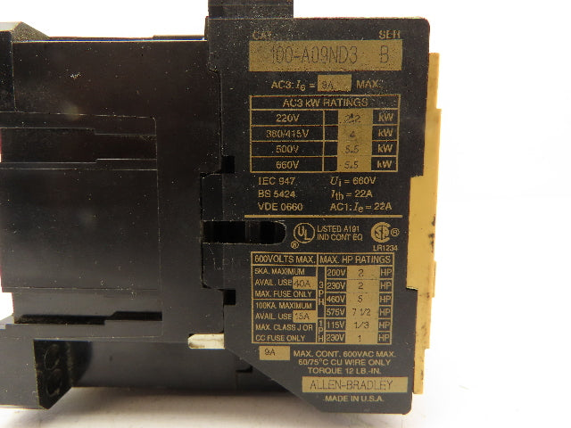 Allen Bradley 100-A09ND3 Contactor Relay Assembly 120V Coil Lot of 2