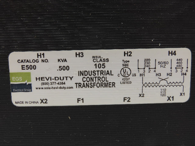 Hevi-Duty E500 EGS Industrial Control Transformer 0.500kva HV 240/480V LV 120V