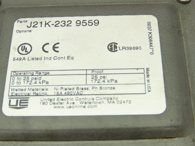 United Electric J21K-232 9559 Differential Pressure Switch 0-25psid