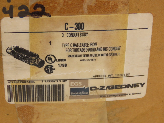EGS O-Z Gedney C-300 Rigid Conduit Body 3" Type C Malleable Iron