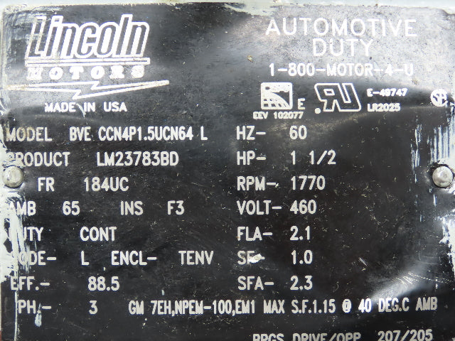 Lincoln BVE CCN4P1.5UCN64L AC Motor 1.5Hp 1770rpm 460V 3PH 184UC Automotive Duty