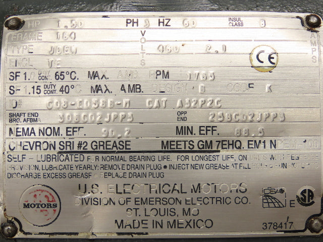 US Motors A32P2C AC Motor 1.5Hp 1765rpm 460V 3PH 184U Frame Automotive Duty