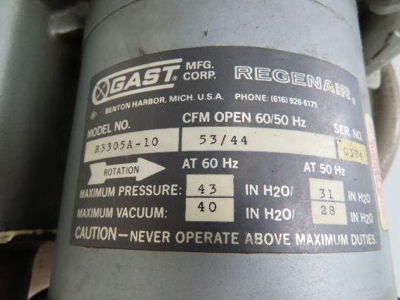 Gast R3305A-10 Regenair Regenerative Blower 53 CFM 1/2Hp 230/460V 3PH 1-1/4"
