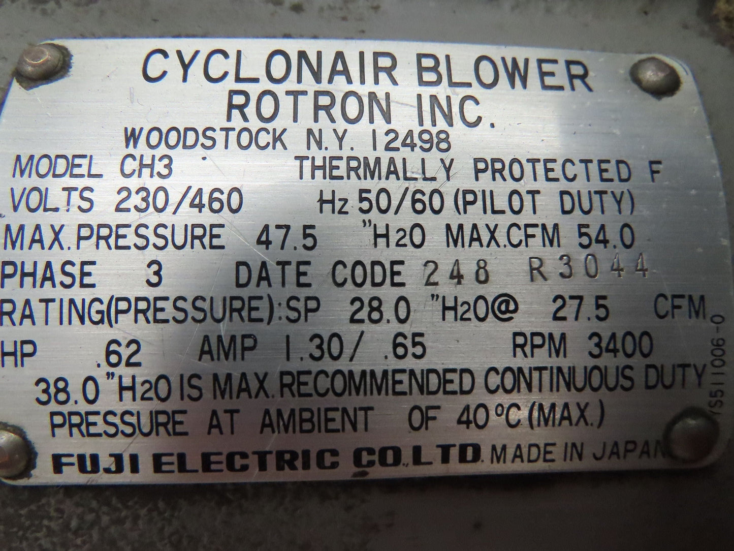 Cyclonair Rotron CH3 Regenerative Blower 54 CFM 1/2Hp 230/460V 3PH 1-3/4"