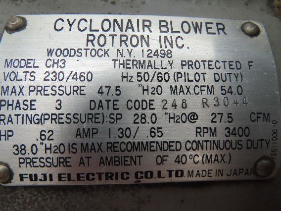 Cyclonair Rotron CH3 Regenerative Blower 54 CFM 1/2Hp 230/460V 3PH 1-3/4"