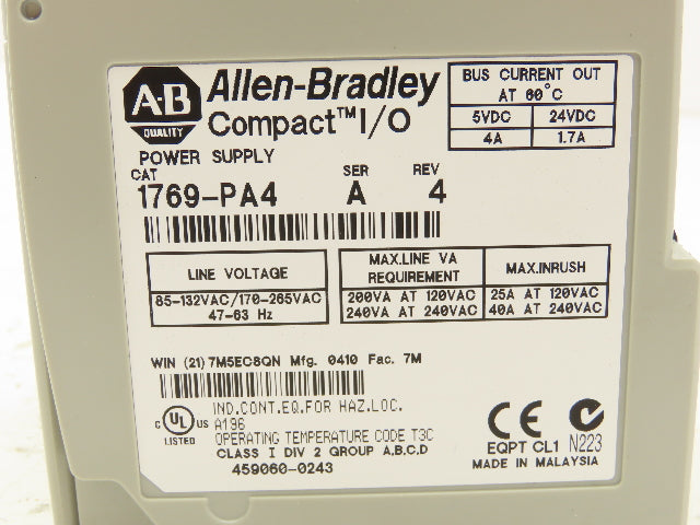 Allen Bradley 1769-PA4 Compact I/O PLC Power Supply