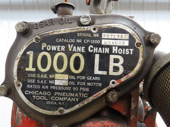 Chicago Pneumatic 1/2 Ton 1000Lb Power Vane Air Chain Hoist 10' 8" Lift Pendant