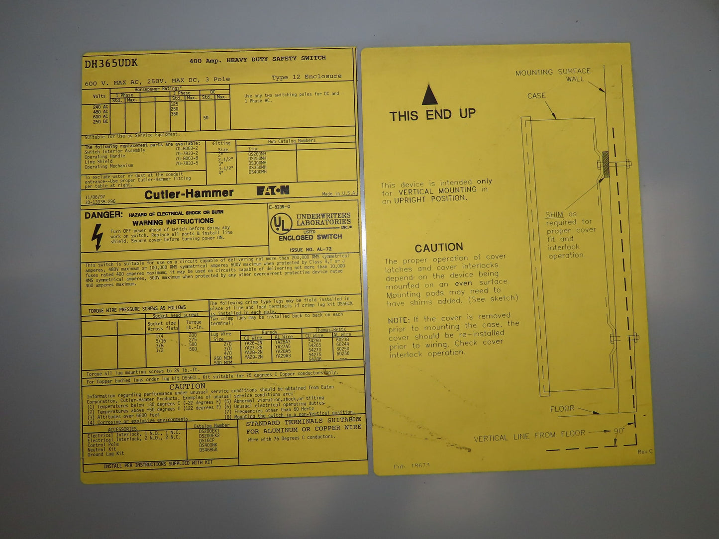 Eaton Cutler Hammer DH365UDK Non Fused Safety Disconnect Switch 400A 600V 3Ph