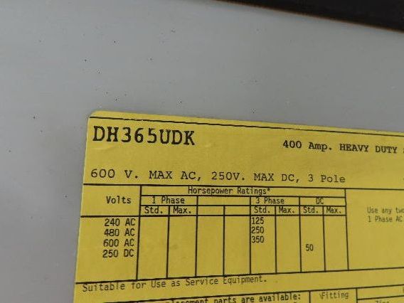 Eaton Cutler Hammer DH365UDK Non Fused Safety Disconnect Switch 400A 600V 3Ph