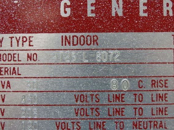 General Electric 9T23L8072 Power Transformer 30kva 3Ph HV 480V LV 208/120 Wye