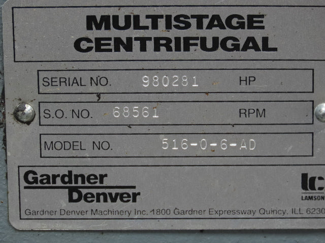 Gardner Denver 516-0-6-AD Multistage Centrifugal Blower 30Hp 230/460V 3Ph 5"