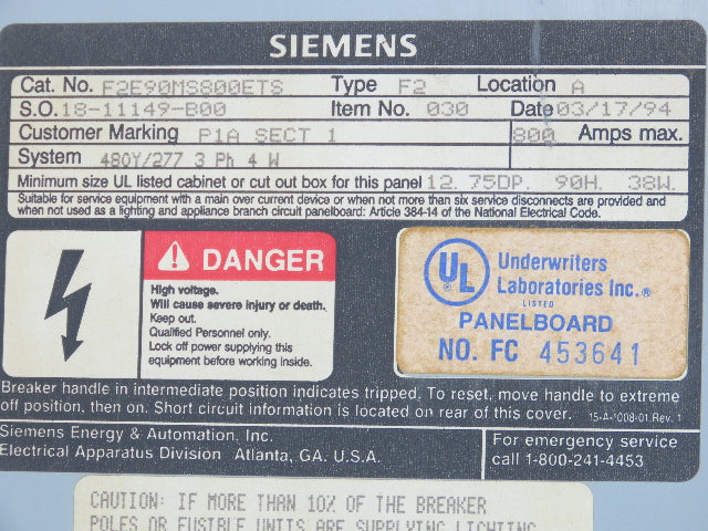 Siemens F2 Electrical Main Distribution Panel Panelboard 480V 800A Main Fused