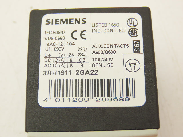 Siemens 3RT1017-1BB42 Contactor Auxiliary Contact Block 20A 600V