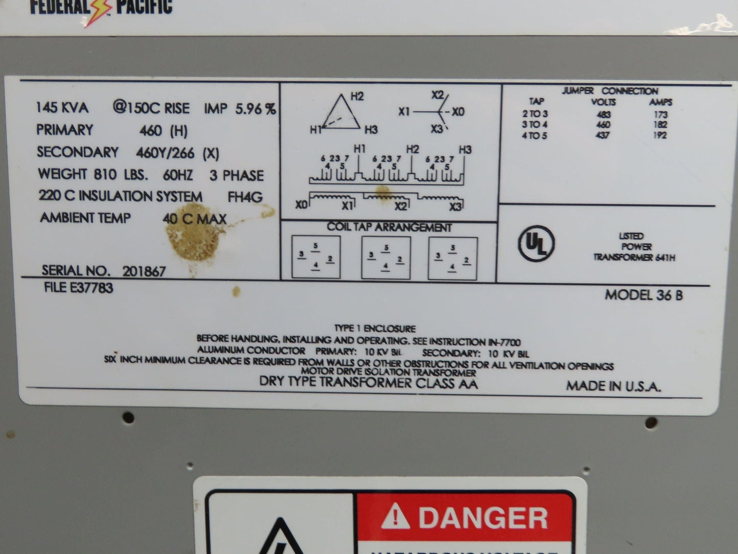 Federal Pacific 36B Isolation Transformer 145kva 3Ph HV 460 LV 460Y/266