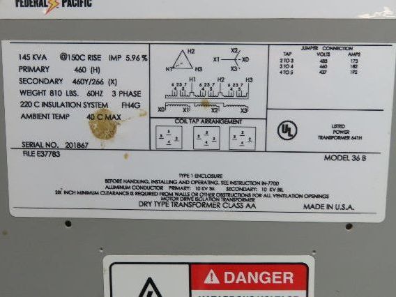 Federal Pacific 36B Isolation Transformer 145kva 3Ph HV 460 LV 460Y/266