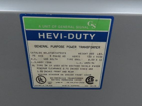 Hevi-Duty DT651H75STS Isolation Transformer 75kva 3Ph HV 460 Delta LV 460Y/266