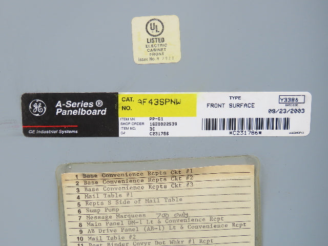 GE AQF3422CBK Panelboard 42 Space 225A 3Ph 4 Wire 208Y/120V 225A Main Breaker